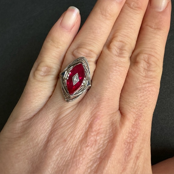 Art Deco 14K White Gold Ring Marquis Lab Ruby Filigree Setting Vintage Size 8 - Picture 9 of 10